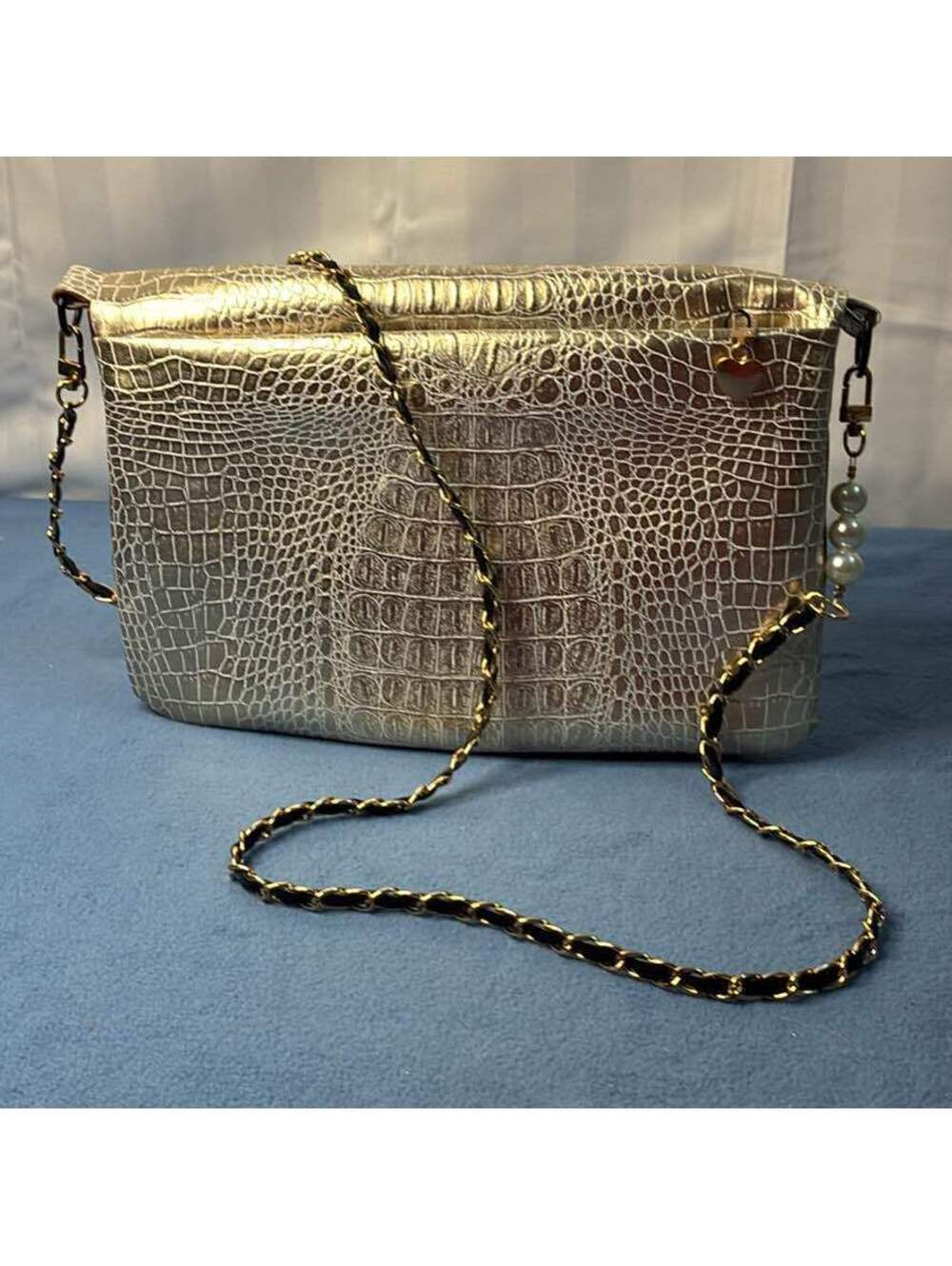 Gold Crocodile-Embossed Crossbody Bag